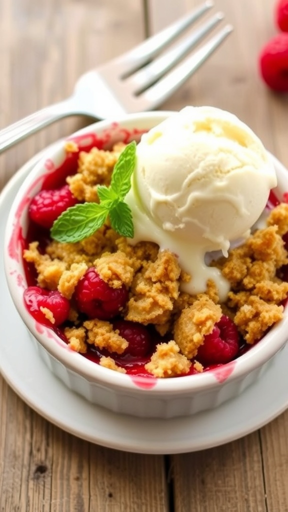 A small dish of raspberry crumble topped with ice cream and mint leaves on a wooden table.